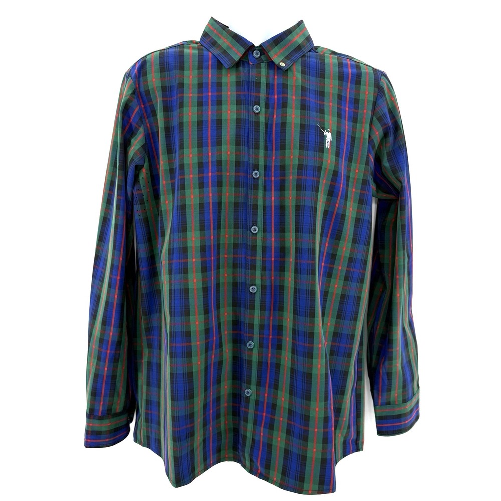 William Murray Men's M Long Sleeve‎ Shirt Blue Green Plaid Golf Performance